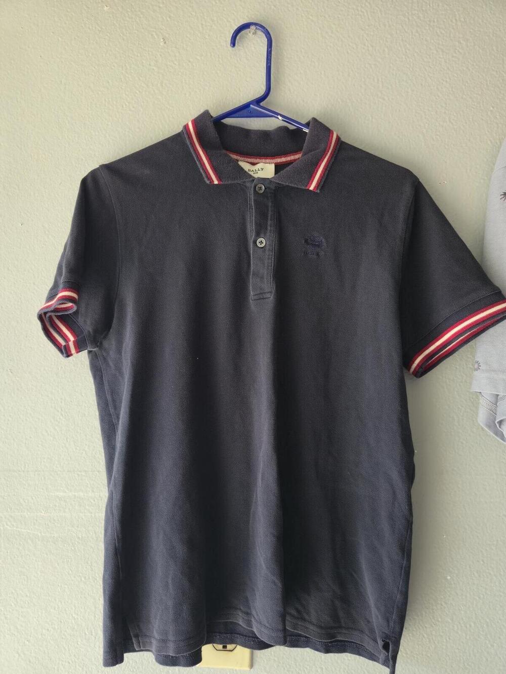 Bally Navy Blue Polo Shirt with Red and White Trim Men's Size MEDIUM